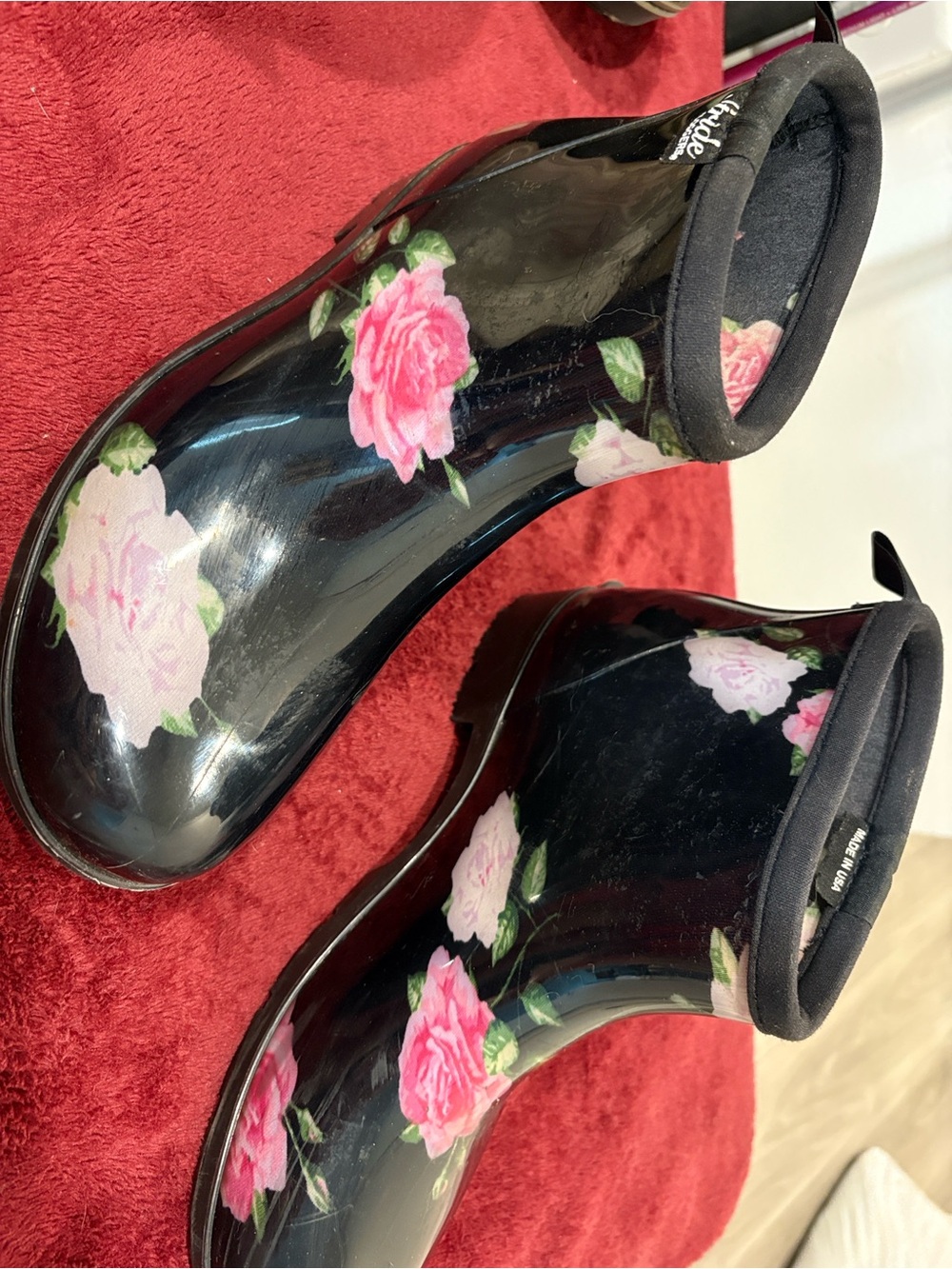 Stride by Sloggers Women's Black Floral Rain garden Ankle Boots Pink Rose Print
